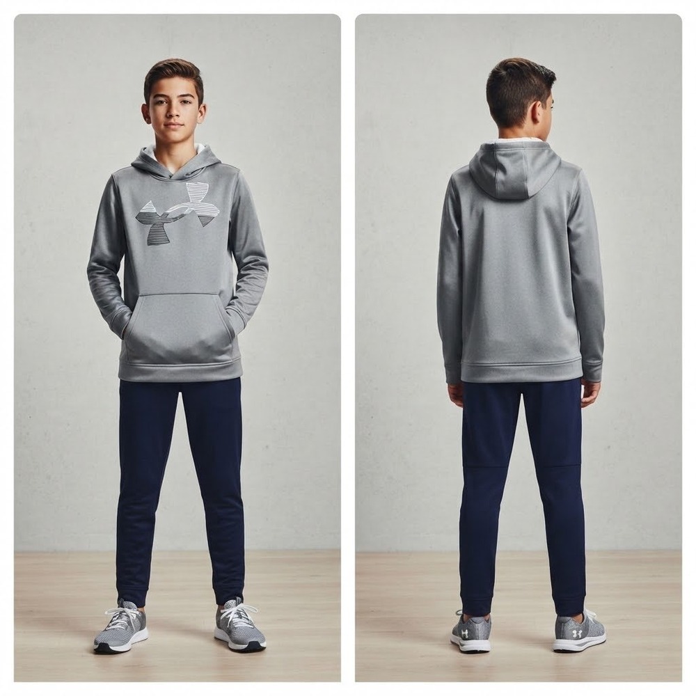 Under Armour Boys ColdGear Hoodie Gray Graphic Logo Pullover Sweatshirt YXL XL
